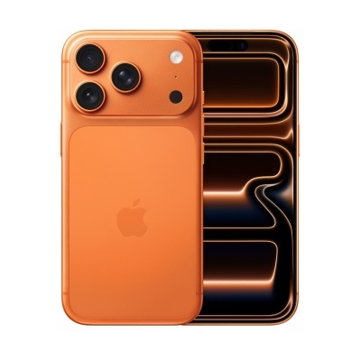 Smartphone laranja com três câmaras na traseira e ecrã frontal com padrão abstrato.
