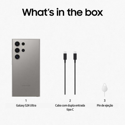 Conteúdo da caixa: Galaxy S24 Ultra, cabos tipo C e pinos de ejeção
