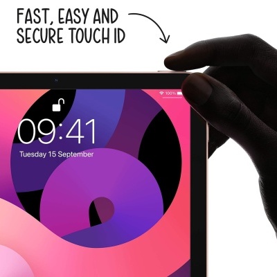Tablet colorido com gráfico roxo no ecrã e texto sobre Touch ID