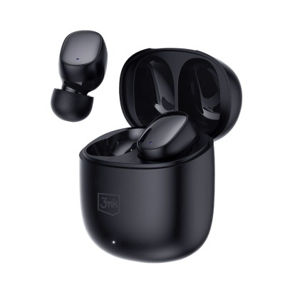 Auriculares sem fios pretos com estojo de carregamento preto e logótipo 3mk