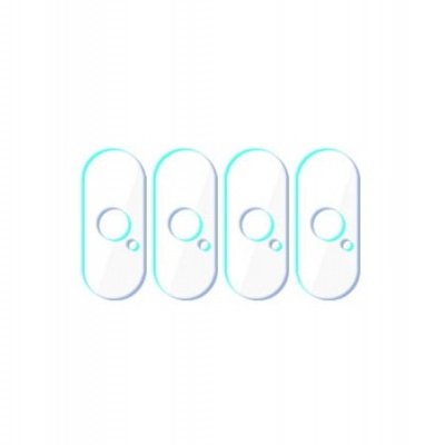 Quatro adesivos transparentes ovais com dois círculos azuis sobre fundo branco