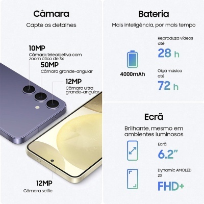 Smartphone roxo e dourado com especificações de câmara, bateria e ecrã descritas em português