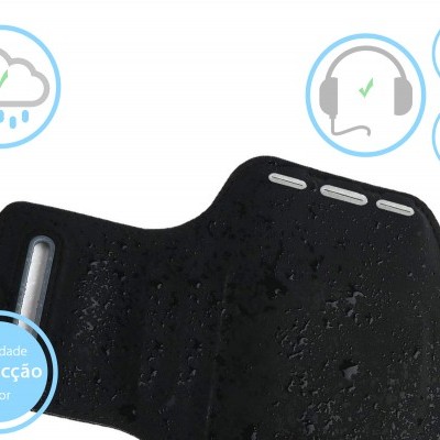 Braçadeira desportiva preta com gotas de água e ícones de protecção