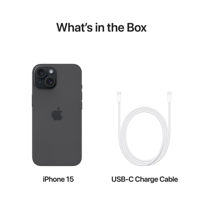 iPhone 15 preto e cabo de carregamento USB-C branco com texto explicativo