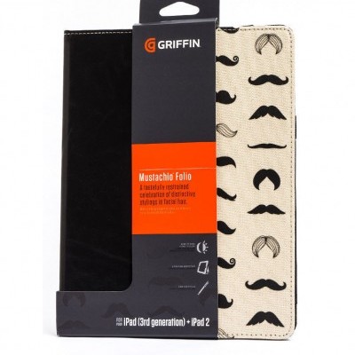 Capa para iPad preta e bege com padrão de bigodes, embalagem Griffin Mustachio Folio