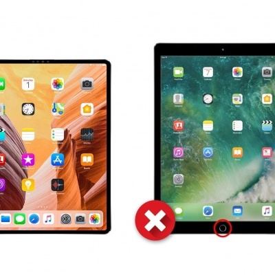 Dois tablets pretos comparados em fundo branco, um com ecrã arredondado e outro com botão redondo inferior e sinais de correto e incorreto.