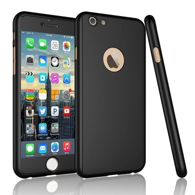 Três telemóveis pretos vistos de frente, costas e lado com recorte circular na traseira