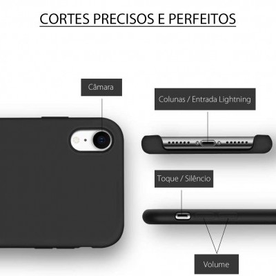 Capa preta para smartphone com recortes para câmara, colunas/entrada Lightning, botões de toque/silêncio e volume