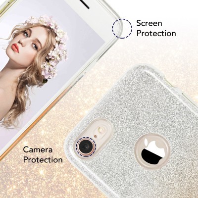 Capa prateada em glitter para smartphone com proteção de ecrã e câmara.