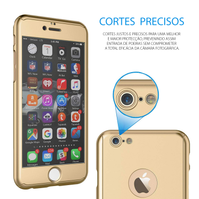 Capa dourada para iPhone com recortes precisos e ecrã ligado mostrando várias apps.