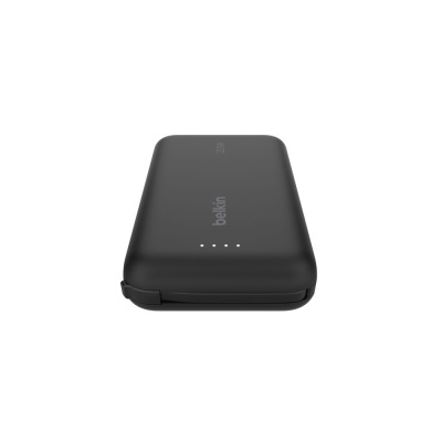 Carregador portátil preto Belkin 20W com indicadores LED em fundo branco