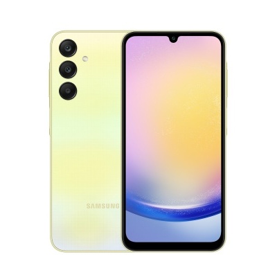 Smartphone Samsung amarelo claro com três câmeras traseiras e ecrã com notch