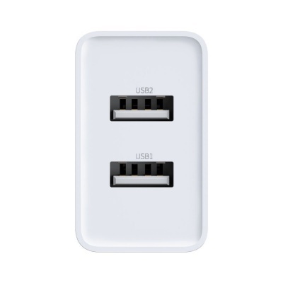 Carregador branco com duas portas USB identificadas USB1 e USB2