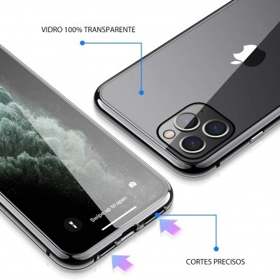 Smartphone com capa de vidro transparente e texto indicativo de características