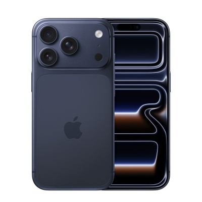 Smartphone Apple iPhone azul escuro com três câmaras traseiras e ecrã visível