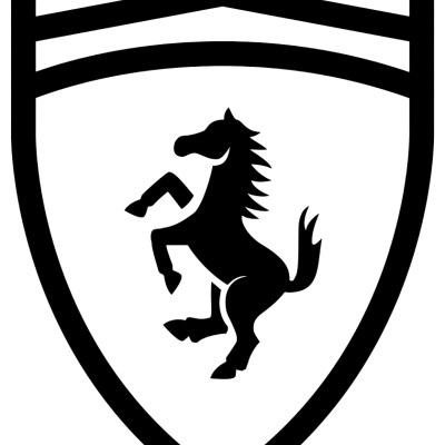 Escudo preto com cavalo preto em posição de galope e três faixas horizontais no topo.