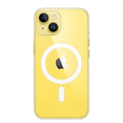 Telefone amarelo com duas câmaras e capa transparente com design magnético