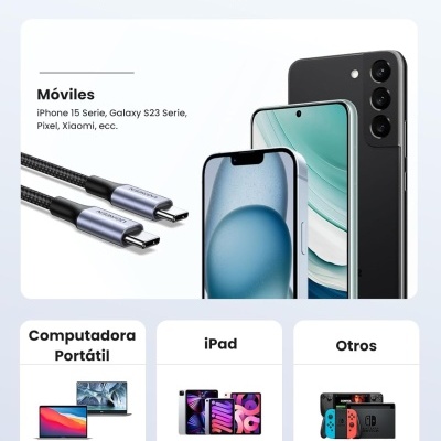 Imagem promocional mostrando cabos USB-C e dispositivos móveis, computadores portáteis, iPads e consoles de jogos compatíveis.