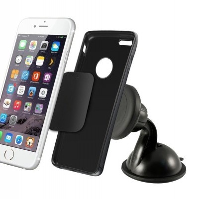 Smartphone branco, capa preta e suporte de carro com ventosa