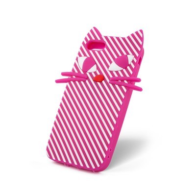 Capa de telemóvel de silicone com design rosa de gato e riscas brancas