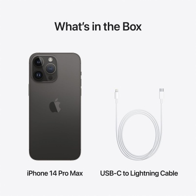iPhone 14 Pro Max preto e cabo USB-C para Lightning branco em fundo branco com texto explicativo