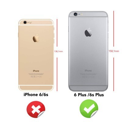 Comparação de tamanho entre iPhone 6/6s dourado e iPhone 6 Plus/6s Plus cinza com ícones de aprovação