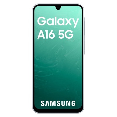 Smartphone Samsung Galaxy A16 5G com ecrã verde e texto branco