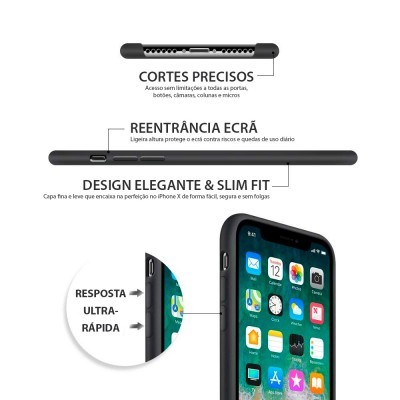 Capa preta para iPhone X com texto explicativo em português