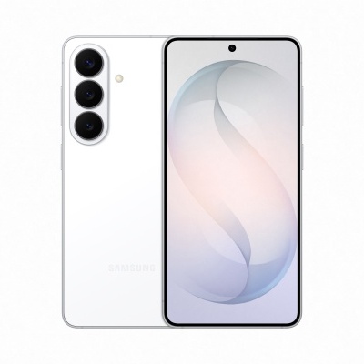 Smartphone Samsung branco com três câmaras traseiras e ecrã frontal