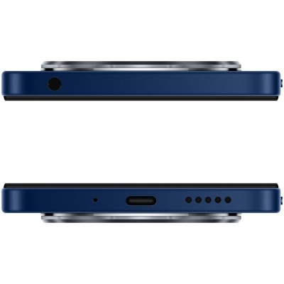 Smartphone azul escuro visto de topo e base com porta USB-C e entrada para auscultadores