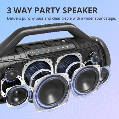 Coluna portátil 3 WAY PARTY SPEAKER preta com altifalantes visíveis e controlo tátil