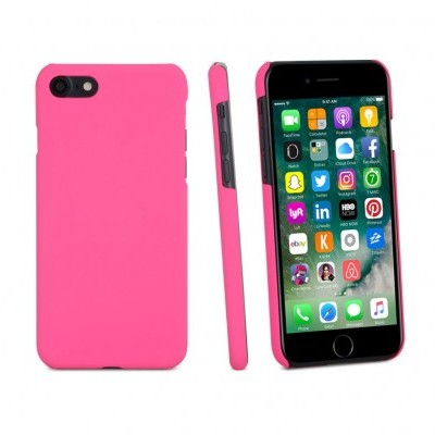 Telemóvel com capa de silicone rosa exibindo frente, trás e lateral