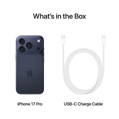iPhone 17 Pro azul escuro e cabo USB-C branco no fundo branco