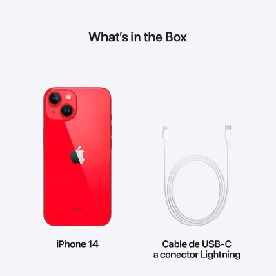 iPhone 14 vermelho e cabo USB-C a Lightning num fundo branco