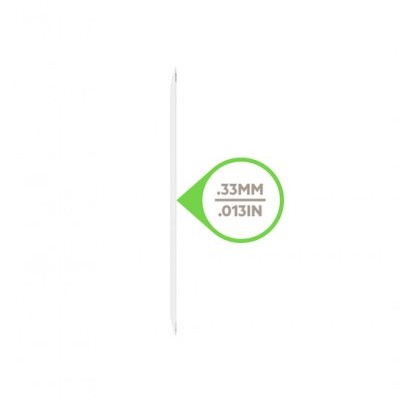 Objeto fino branco com selo .33MM .013IN em fundo branco