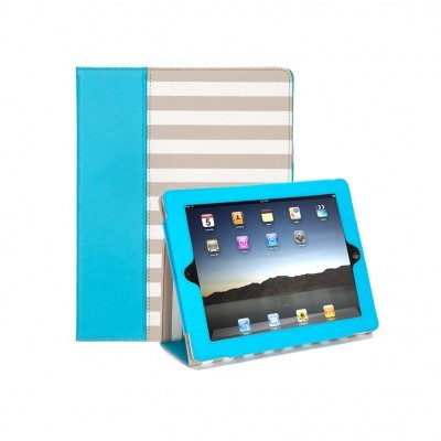 Capa azul turquesa para tablet com riscas bege e branco