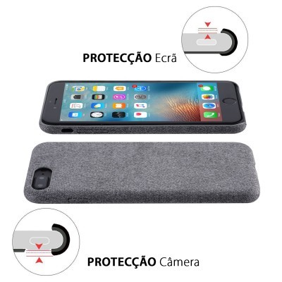 Smartphone com capa cinza de tecido e proteções para ecrã e câmara