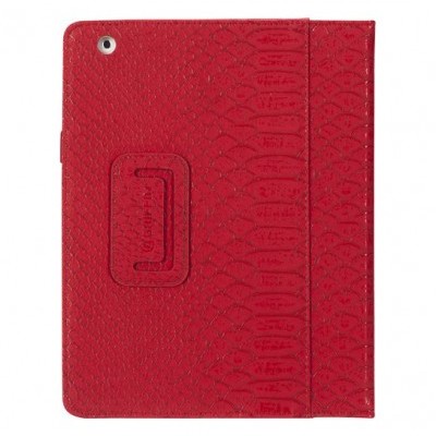 Capa vermelha para tablet com textura que imita pele de cobra e suporte embutido