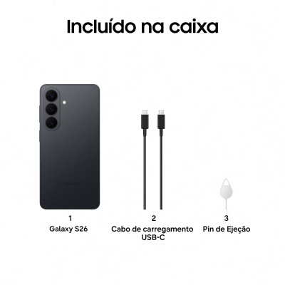 Smartphone Samsung Galaxy S26 preto com cabo USB-C e pin de ejeção.