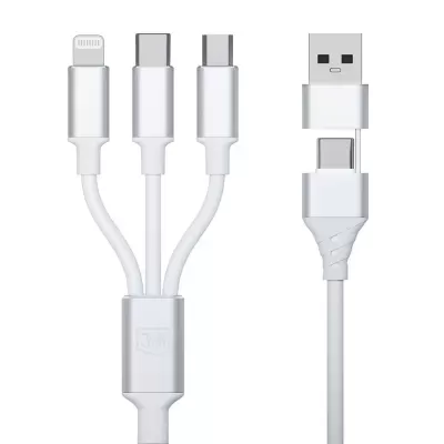 Cabo USB branco com conectores USB tipo A, USB tipo C e Lightning