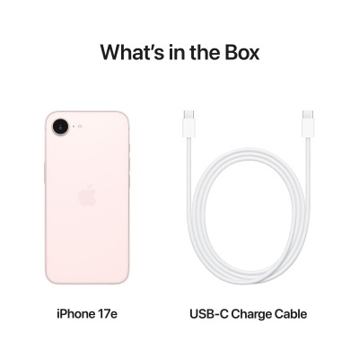iPhone 17e rosa e cabo USB-C branco em fundo branco com texto What’s in the Box