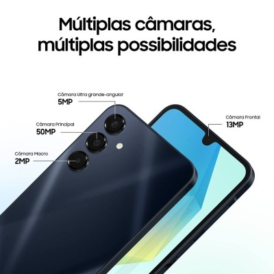 Smartphone preto com várias câmaras e texto sobre especificações