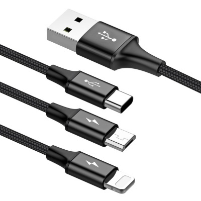 Cabos de carregamento USB-A, USB-C, Micro USB e Lightning pretos com revestimento trançado