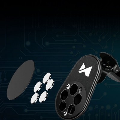 Suporte para telemóvel magnético preto com ímanes e fundo azul com padrão de circuito