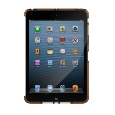 Tablet tátil com capa protetora castanha e preta e várias aplicações visíveis no ecrã