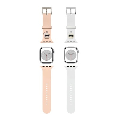 Dois smartwatches com pulseiras rosa claro e branca, mostradores quadrados e ilustração de coelho.