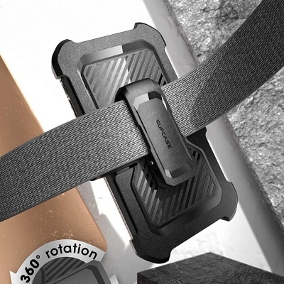 Suporte de telemóvel preto com clip para cinto e fita cinzenta, texto BELT-CLIP HOLSTER e indicação de rotação 360°.
