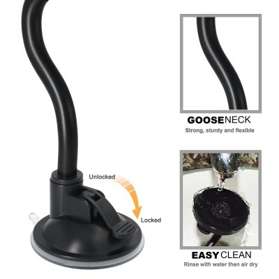 Base preta com ventosa, haste curva preta flexível, facilidade de limpeza descrita