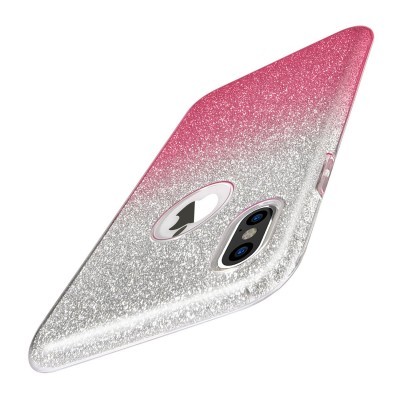Capa de smartphone rosa e prateada com glitter e recorte para a câmara