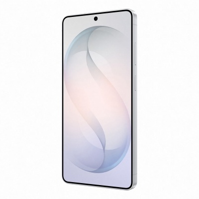 Smartphone com moldura prateada e ecrã com câmara frontal no centro.